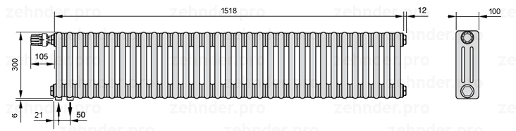 Схема (чертеж) Радиатор Zehnder Charleston 3030/33 №V001 Белый глянцевый RAL 9016